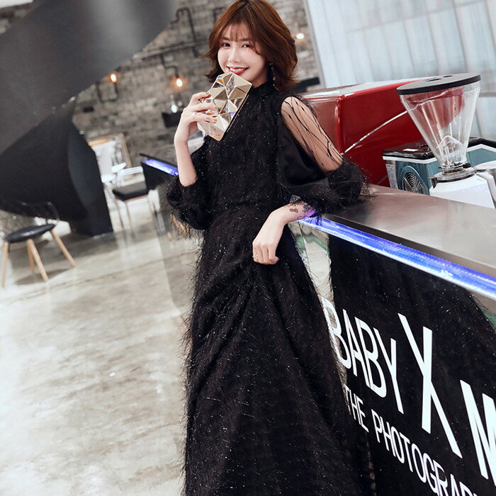 前撮りドレス着後レビュー特典きらきらロングドレス カラードレス ワンピース お色直し 二次会 ウェディング ドレス 冬 ハイネック パーティードレス 演奏会 ピアノ発表会 舞台衣装 ステージ衣装