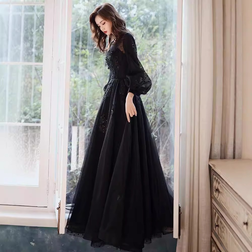 黒のイブニングドレス 2024 芸術試験ドレス長袖誕生日パーティーフレンチロングドレスパフォーマンスボーカル秋