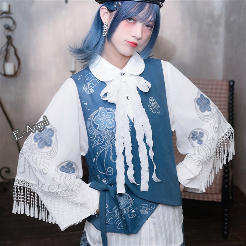 チャイナ風ベスト ブルー レディース シャツコーデ アシンメトリートップス 刺繍 合わせやすい チョッキ 漢服