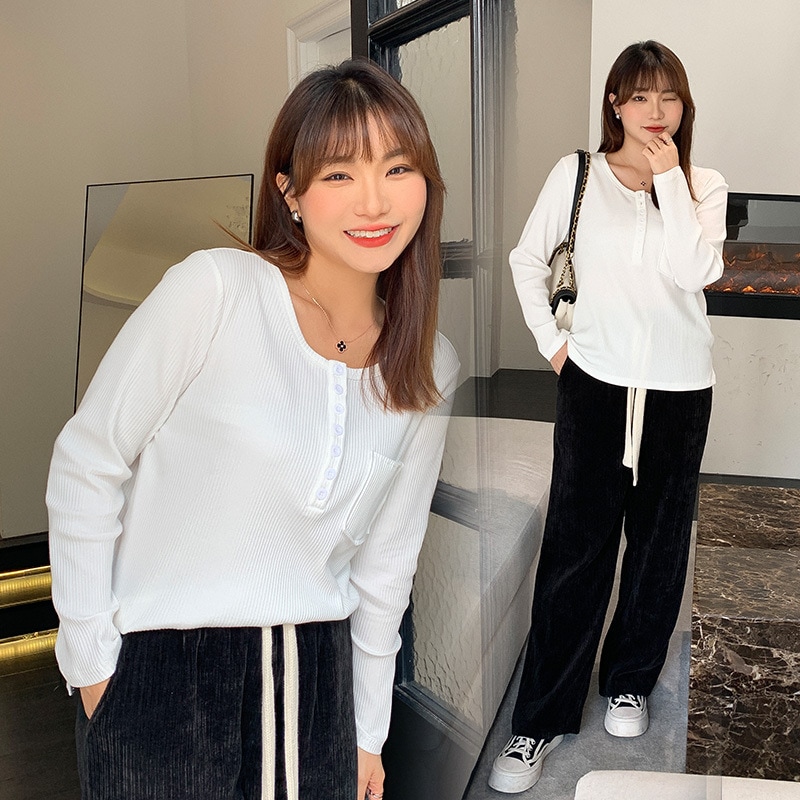 5L 4L 秋冬 韓国 大きいサイズ 長袖ニットトップス レディースシャツブラウス タイト ストレッチ 30代 40代 50代 60代甘辛い上着の大きいサイズのtシャツの婦人服の春と秋の空気は年齢を減