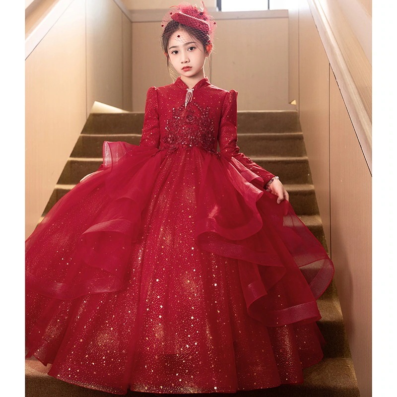 ワンピース 女の子のドレス酒赤絶美高級春司会者の誕生日パーティーピアノ公演服 子供 【本日限定】キッズ ウェディングドレス 7,283円