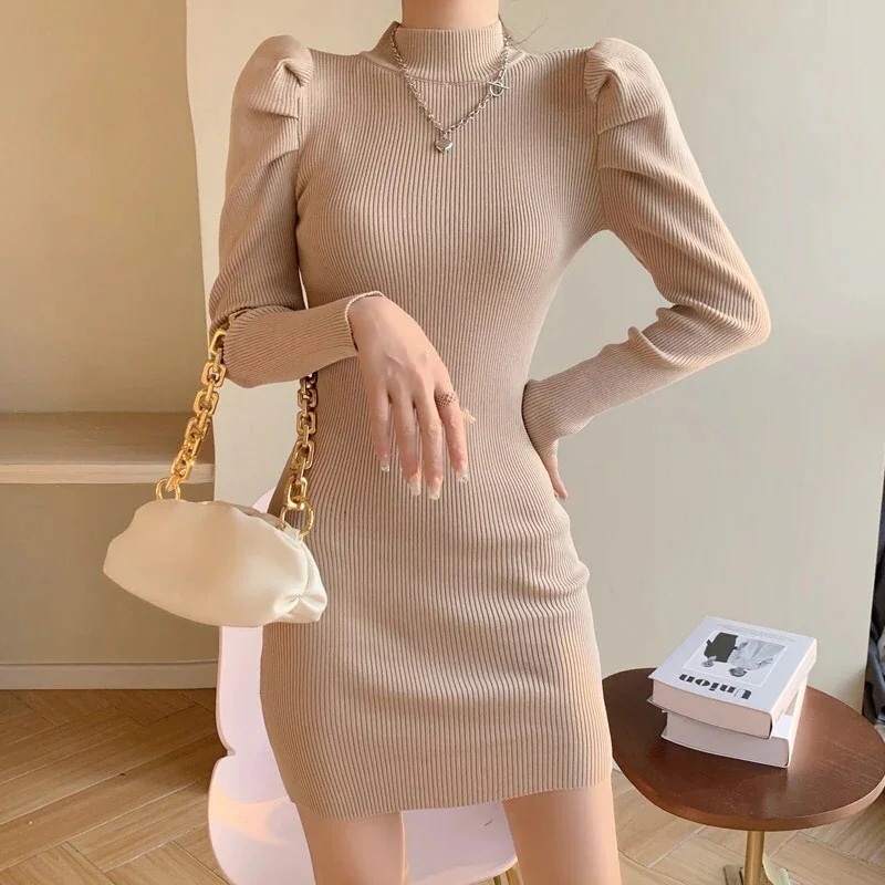 足見せワンピース ミニスカート タイトスカート ニットワンピース お姉さん風 バブルスリーブニット 秋のタイト気質のスカートに合わせてボトムドレス