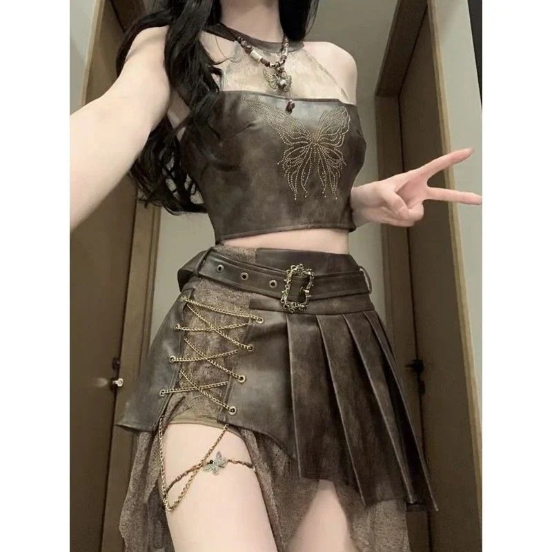 スウィートクールハンギングネックノースリーブトップスハイウエスト不規則なスプライシングレースレトロスーツ潮