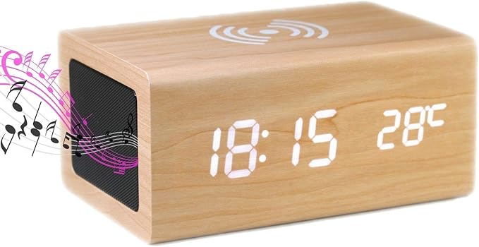 WOOD SHOW めざまし時計 おしゃれ 置時計 スピーカー付き 温度計 携帯 スマホ ワイヤレス充電 1台４役 デジタル時計 木目調 インデリアクロック 多機能 置き時計 USB給電式 プレゼン 6,247円