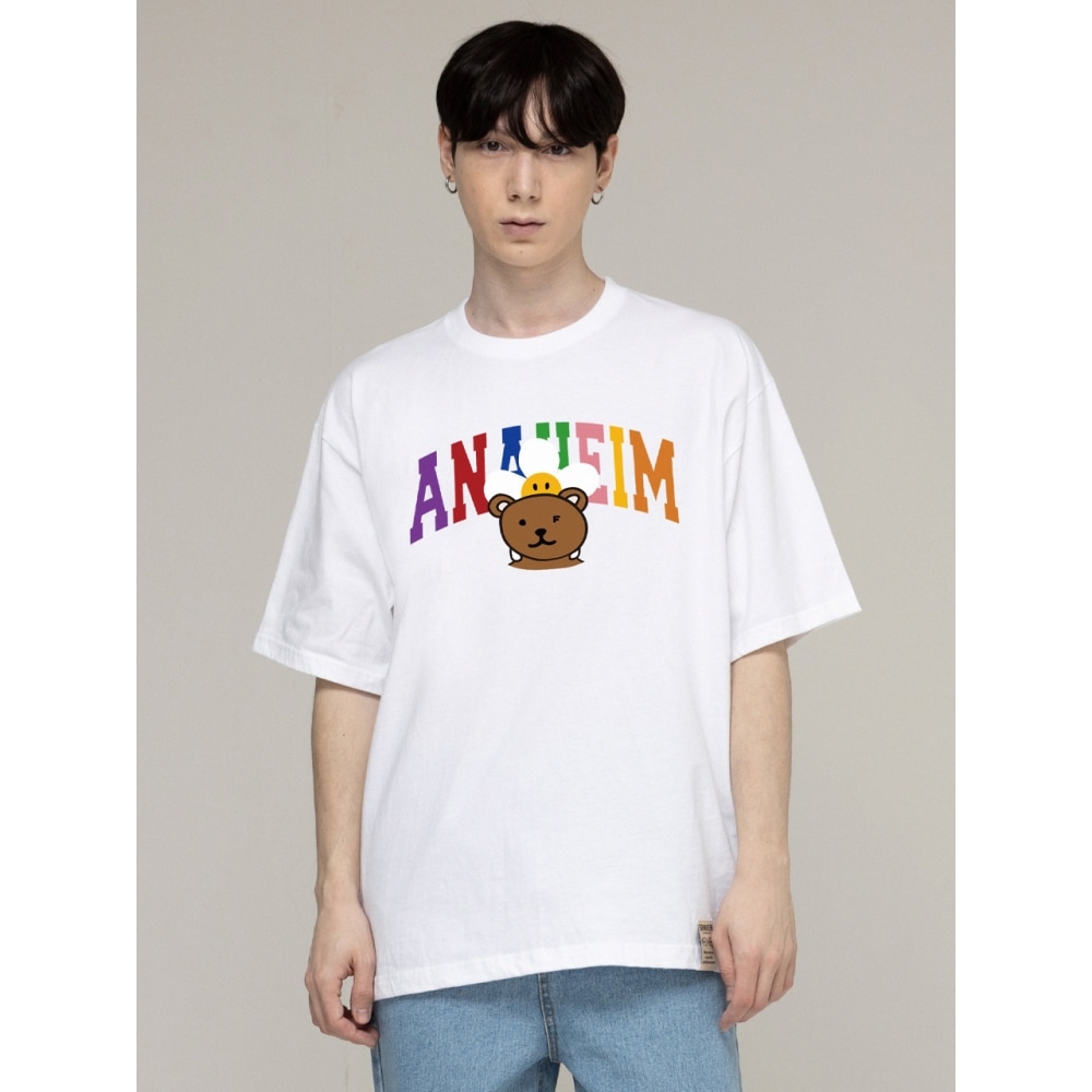 グレイバーレインボーバックハグフラワーベアスマイル半袖Tシャツホワイト
