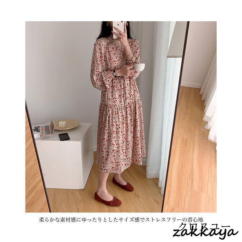 シフォンワンピース レディース ギャザーワンピース Aライン シフォン 長袖ワンピース Vネック 花柄 レトロ 春 ロングワンピ 秋 Aラインワンピース