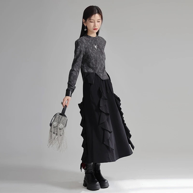 【J.Fashion】 ロングスカート Aライン 厚手 フリル ゴムウエスト レディース おしゃれ スカート 関連商品は店で購入可能