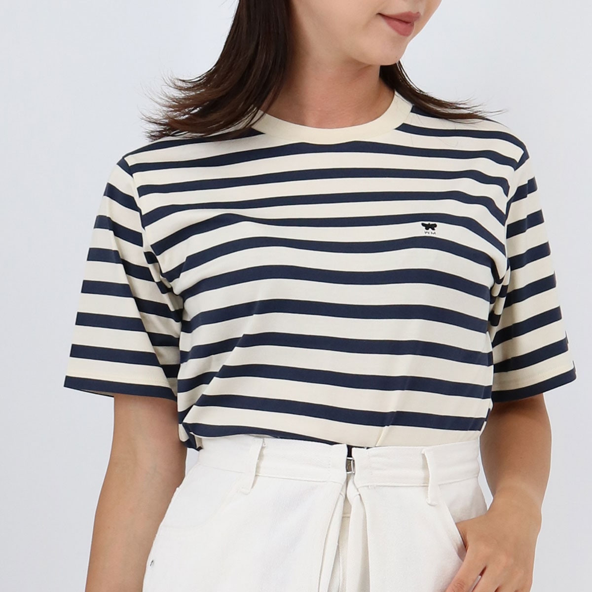 DEODARA 013/NAVY CREAM レディースTシャツ 半袖 クルーネック カットソー コットン ロゴ ボーダー ワンポイント