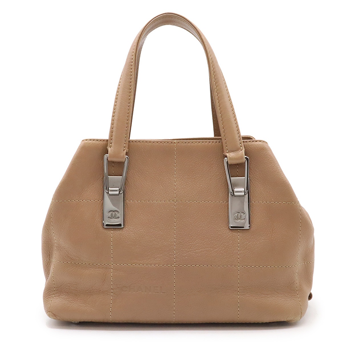 チョコバー ハンドバッグ ミニバッグ キャビアスキン レザー ピンクベージュ シルバー金