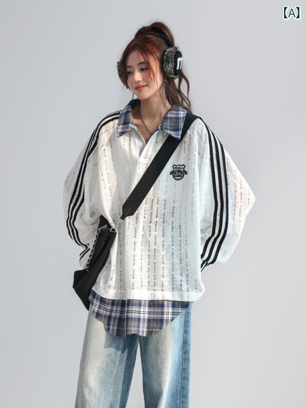 レディース シャツ チェック CHANT2ndはアメリカ風のレトロ格子柄を組み合わせた.2枚仕立て風のポロシャツ風トップス女性用で.春から秋にかけて着用できる.レーザーカットの長袖トップスです