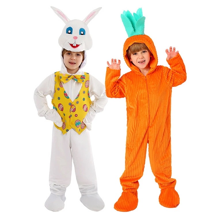 子供 ハロウィン 面白い コスプレ 動物 ウサギ おもしろ 着ぐるみ 白 バニー イエロー ベスト つなぎ服 オールインワン キッズ ニンジン コスチューム おしゃれ 仮装 学園祭 イベント 万聖節