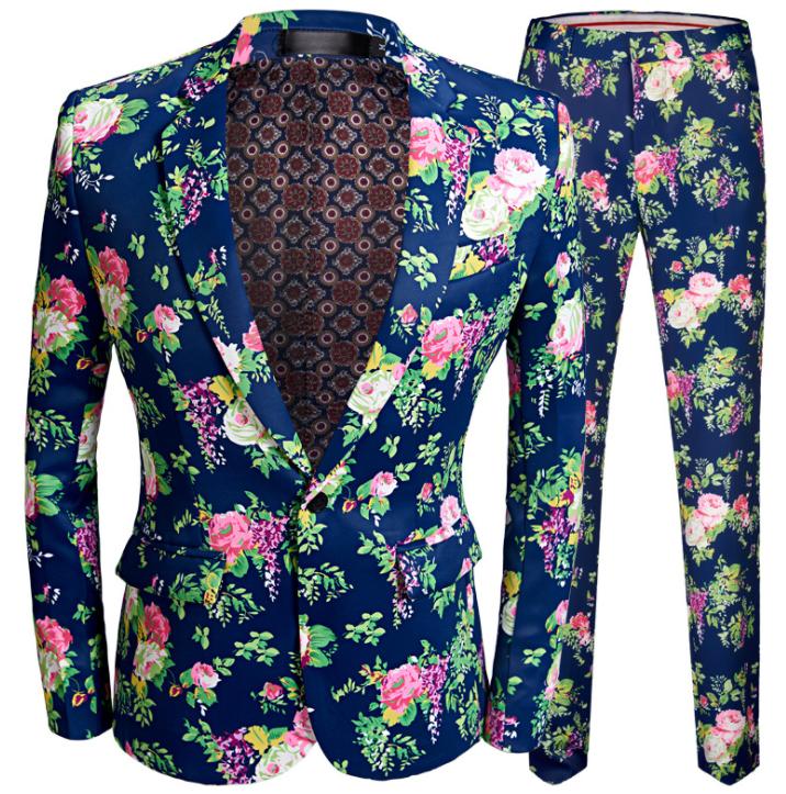 総柄 スーツセットアップ メンズ 花柄 スーツセット 2点セット 紺色に可愛い薔薇花 長袖 長ズボン アメカジ系 ステージ衣裳 大人用 舞台 ダンス 衣装 パーティー パンツドレス 発表会 忘年会