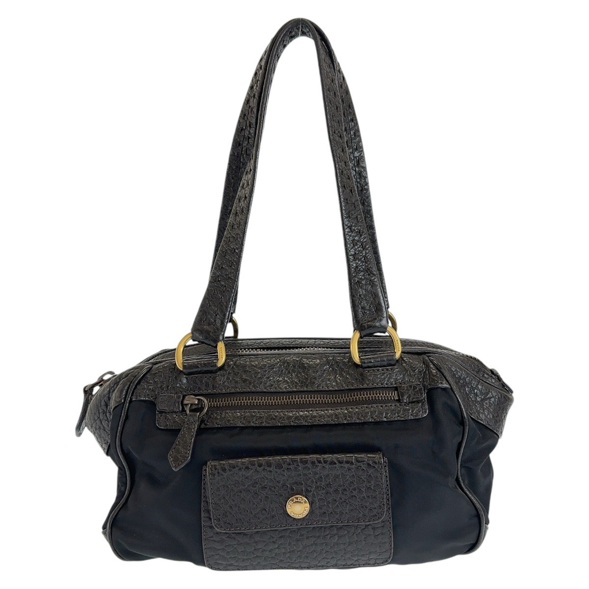 三角ロゴプレート ブラウン ゴールド金具 レザー/ナイロン ショルダーバッグ レディース 409415