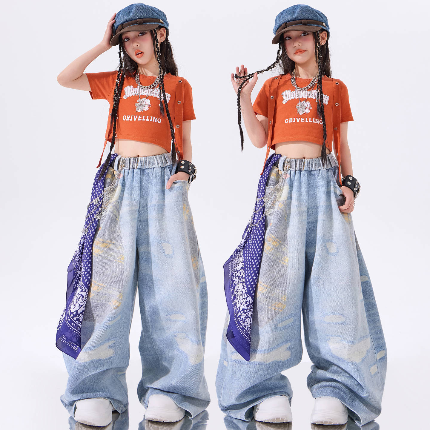 クールガール クロップトップス ジャズダンス女児衣装子供用ストリートダンスパフォーマンス衣装女子グループのショー衣装グループパフォーマンス用ガールズダンス衣装