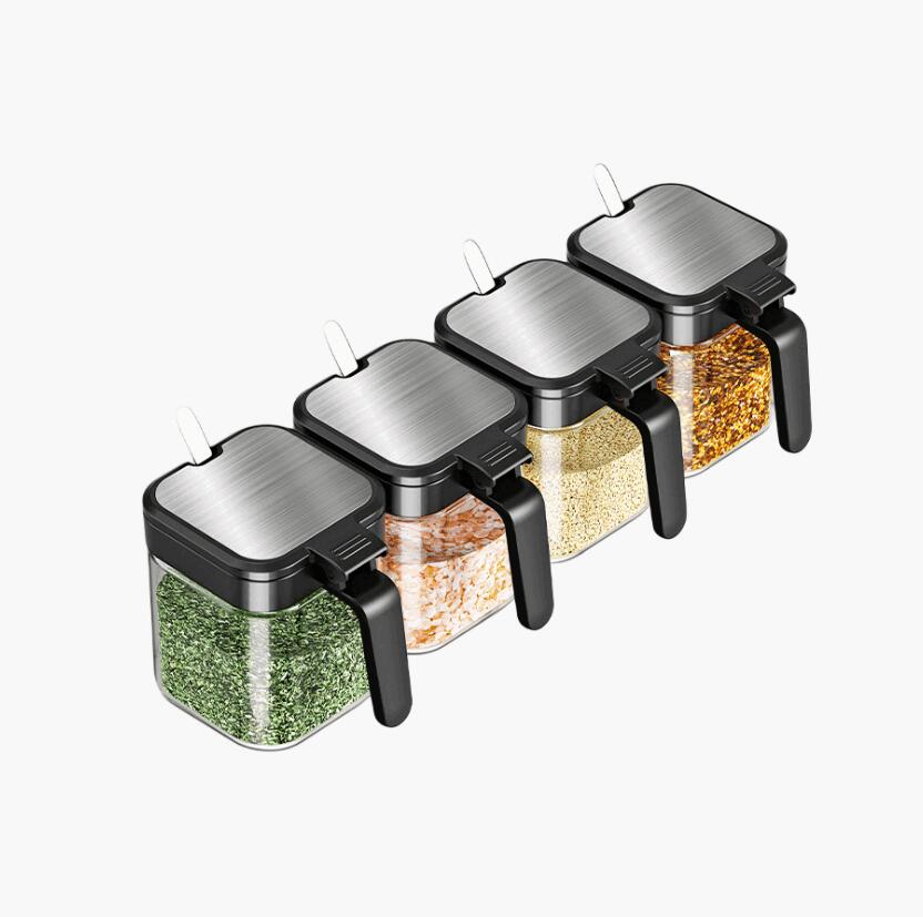 【防湿密閉】調味料収納ボックス 調味料ボックス 調味料瓶 スパイスボトル 無鉛ガラス ステンレス蓋 盖付き 密閉 家庭用 キッチン収納ボックス キッチン用品 4個セット