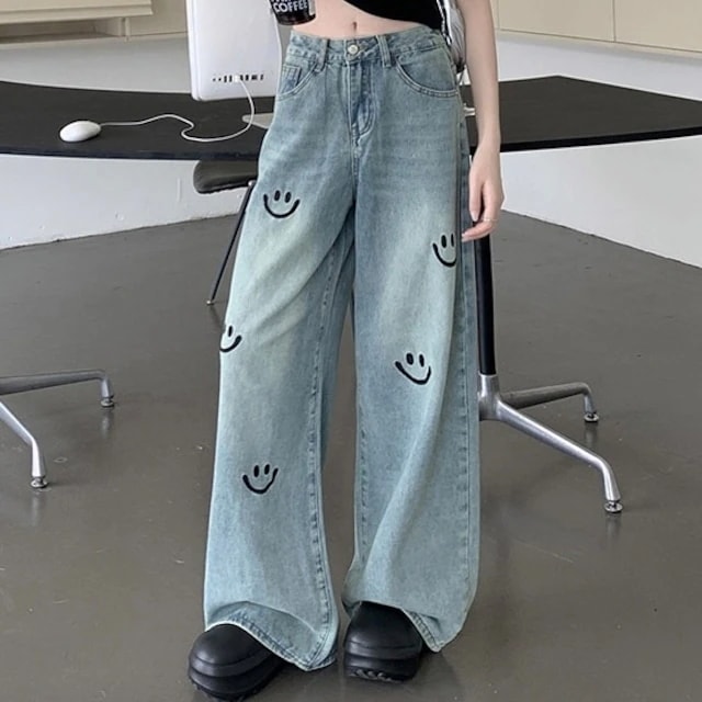 2024 春夏パンツ ロング丈 デニム ジーンズ ワイド ハイウエスト 美脚効果 脚長効果 細見え 夏 水色 ニコちゃん スマイル おしゃれ かわいい 韓国ファッション レディース お出かけ