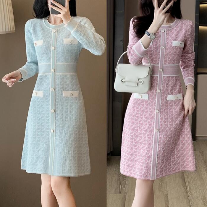 ワンピース ワンピ ドレス ニット 袖あり 千鳥格子 レディース エレガント きれいめ カジュアル 大人 可愛い フェミニン 長袖 ひざ丈 Aライン お呼ばれ 上品 ハイウエスト パステル ブルー 青
