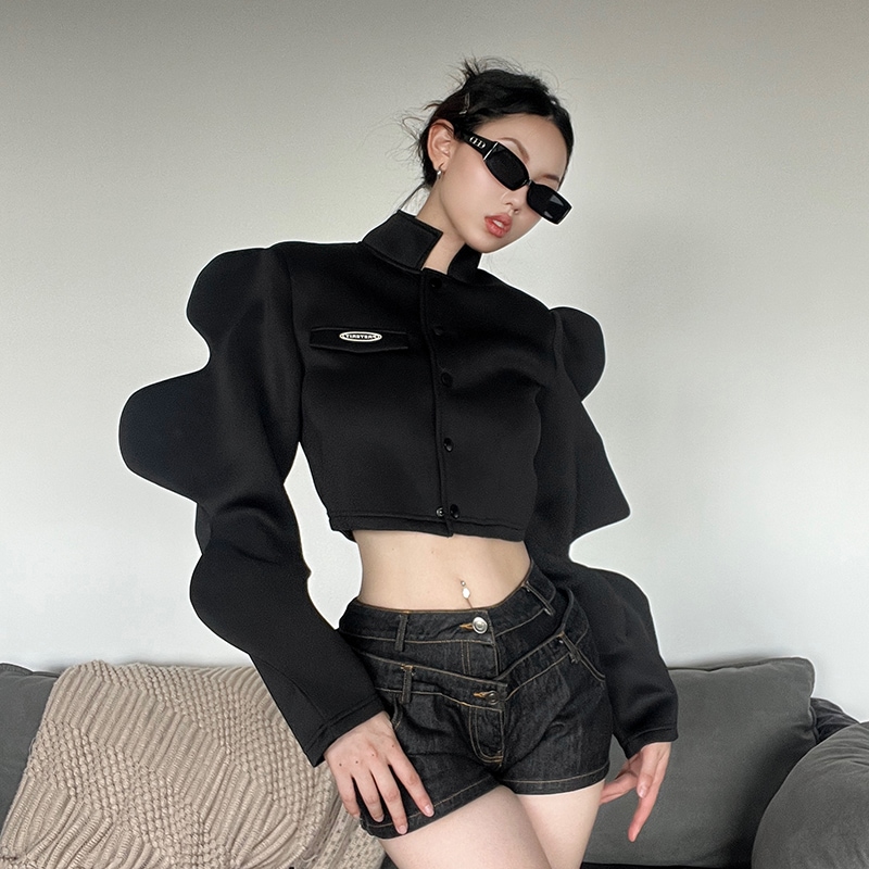 ウェーブスリーブ ショートジャケット アウター トップス 海外ファッション カジュアル シングルブレスト 長袖 クロップド レディースシャツ カジュアルストリート アメカジコーデ LAコーデ a462