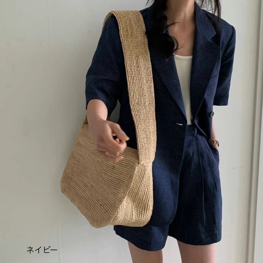 半袖スーツ 半袖セットアップ ショートパンツ アースカラー ネイビー ブラウン ベージュ 韓国 レディース オルチャン ジャケット 上下セット 2点セット ショート丈 膝上 タックパンツ