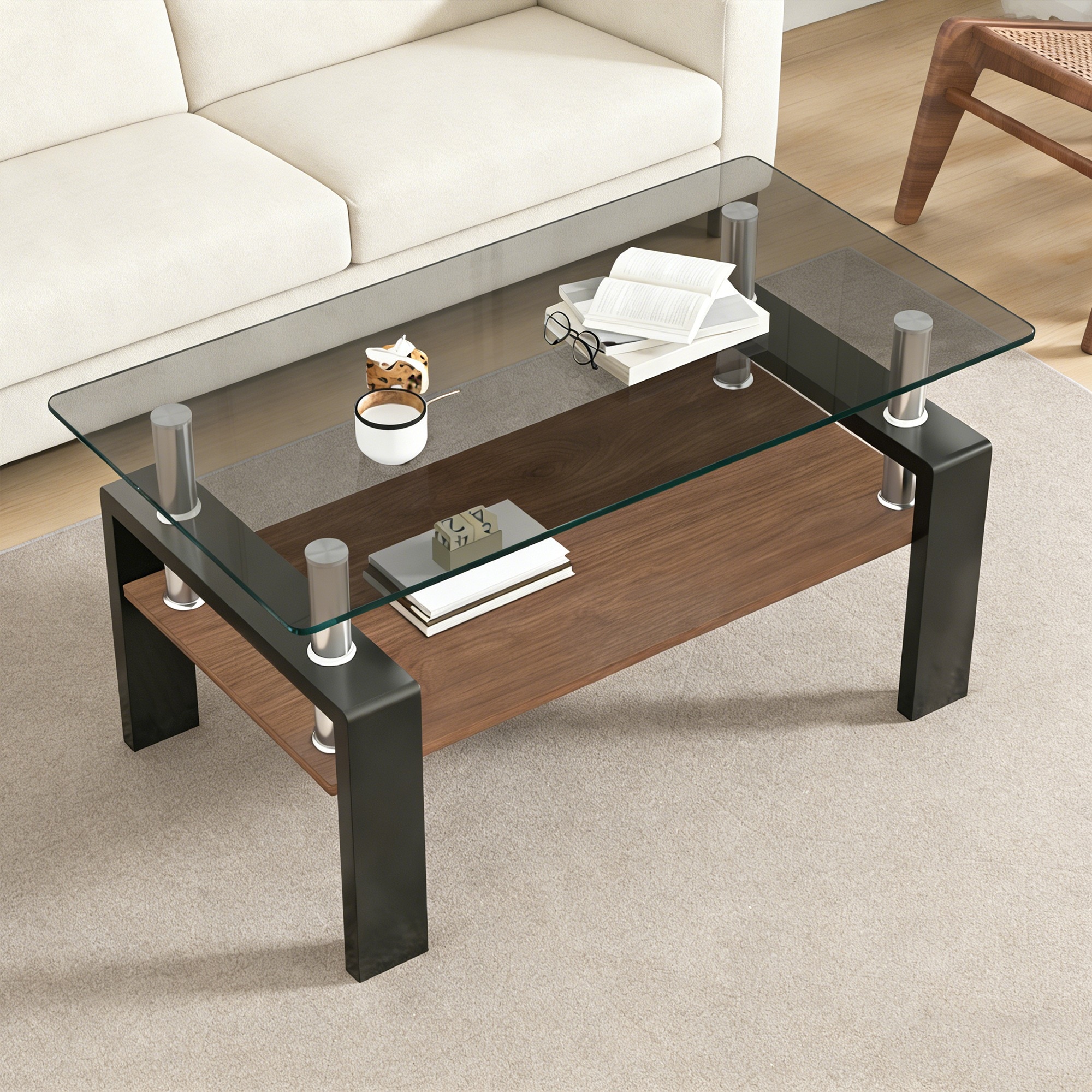 【送！料無！料　30日保証】モダン長方形コーヒーテーブル 強化ガラス天板+MDF収納棚 リビング用 グレーガラス+ブラック脚