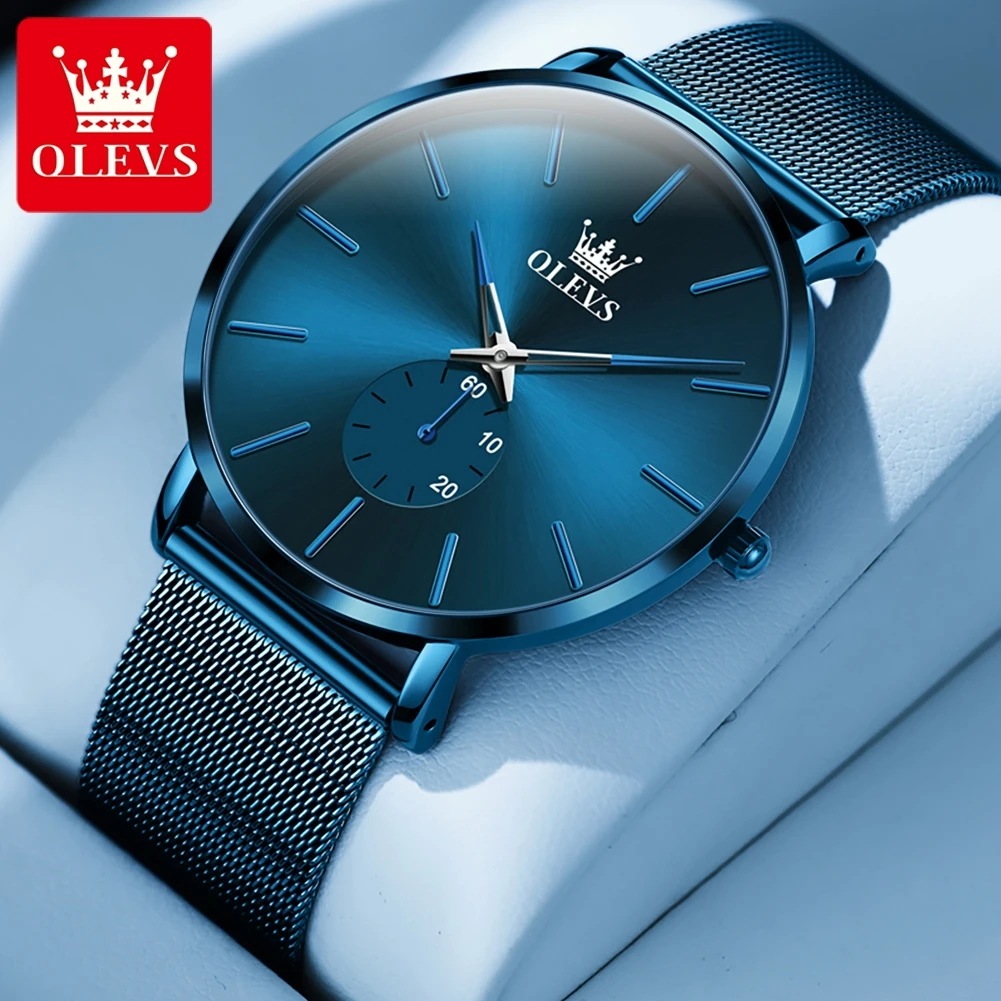 Olevs-メンズ超薄型防水クォーツ時計 ステンレススチール メッシュストラップ 発光 トップブランド カジュ