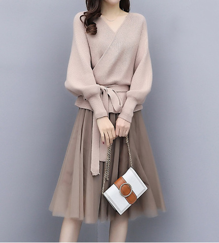 ニットワンピース セットアップ レディース 秋冬 長袖セーター スカート ワンピース きれいめ 大きいサイズ オシャレ 膝丈 通勤 着痩せ 2色 二次会 入学式-768