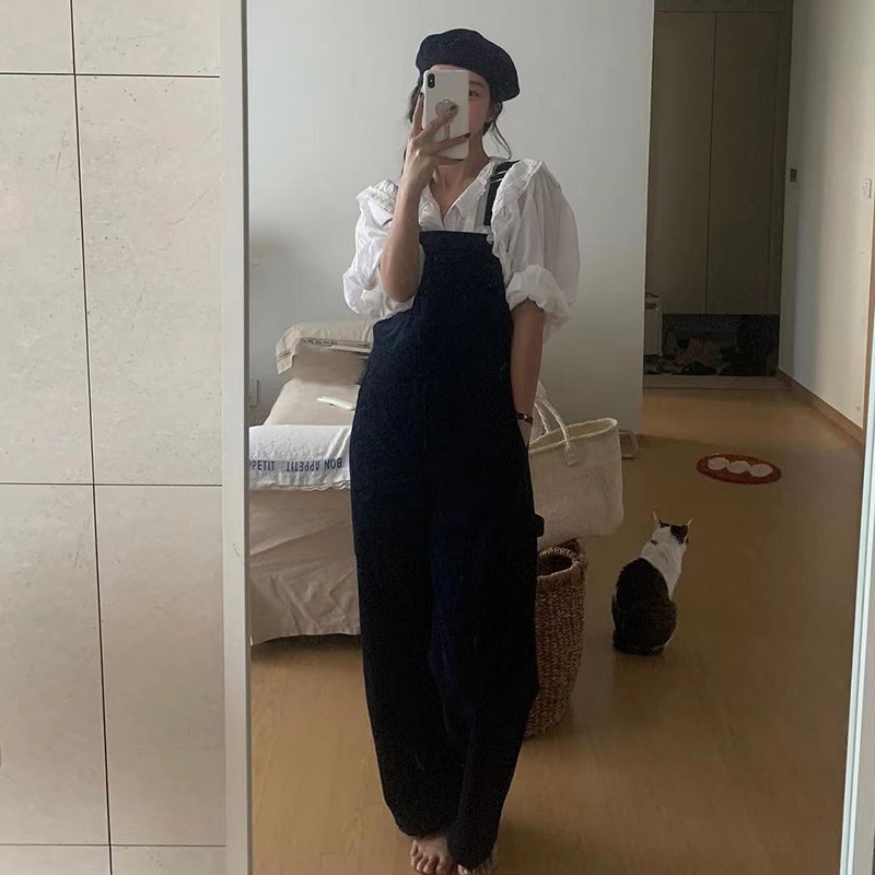 2024春韓国シンプルデイリー通勤多用途レトロデニムオーバーオールレディース