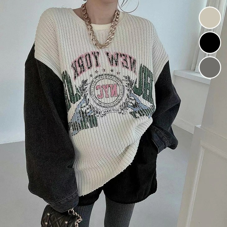 プリント 異素材 トップス ニット デニム袖 オーバーサイズ ゆったり カジュアル ストリート 秋冬 おすすめ レディース オシャレ トレンド 人気 プチプラ 韓国ファッション
