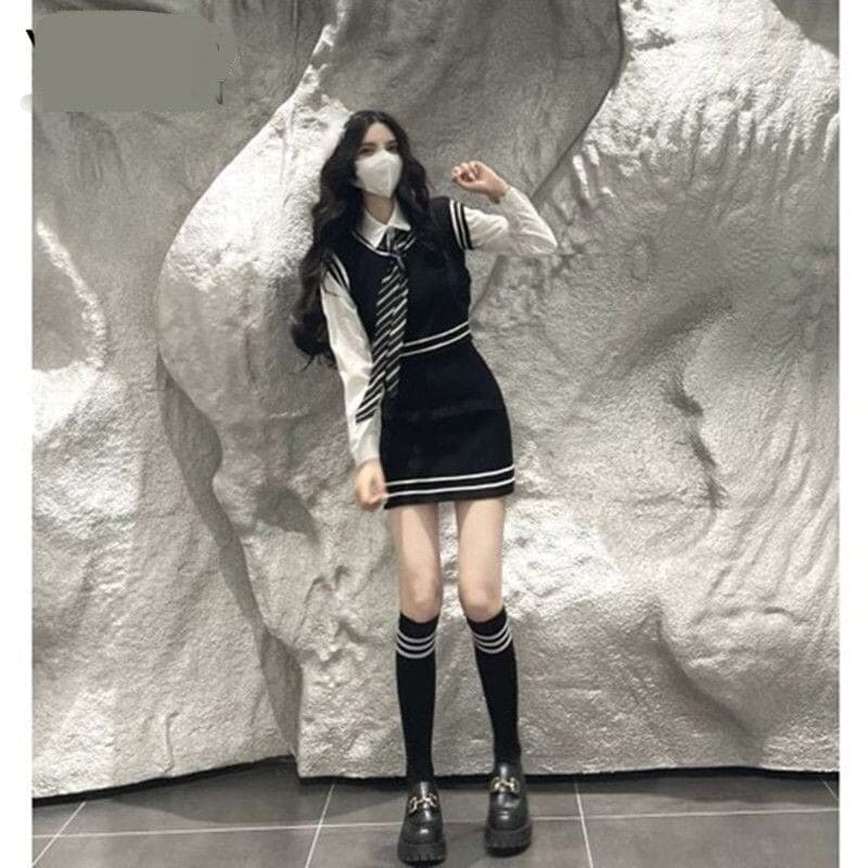 セットアップ 韓国ファッション 制服 インナーシャツ ニットベスト ネクタイ ニットタイトスカート 4 点セット 着痩せ 涼しく楽ちん1