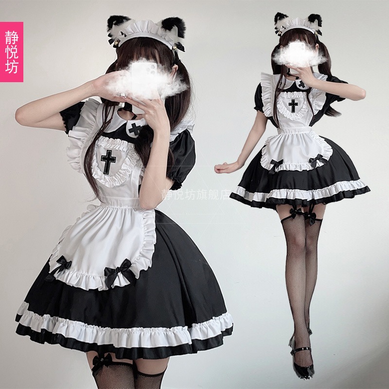 猫風の白黒メイド服日本のアニメの女性の服上司のロリメイドの制服コスコーヒーメイドのプリンセススカート