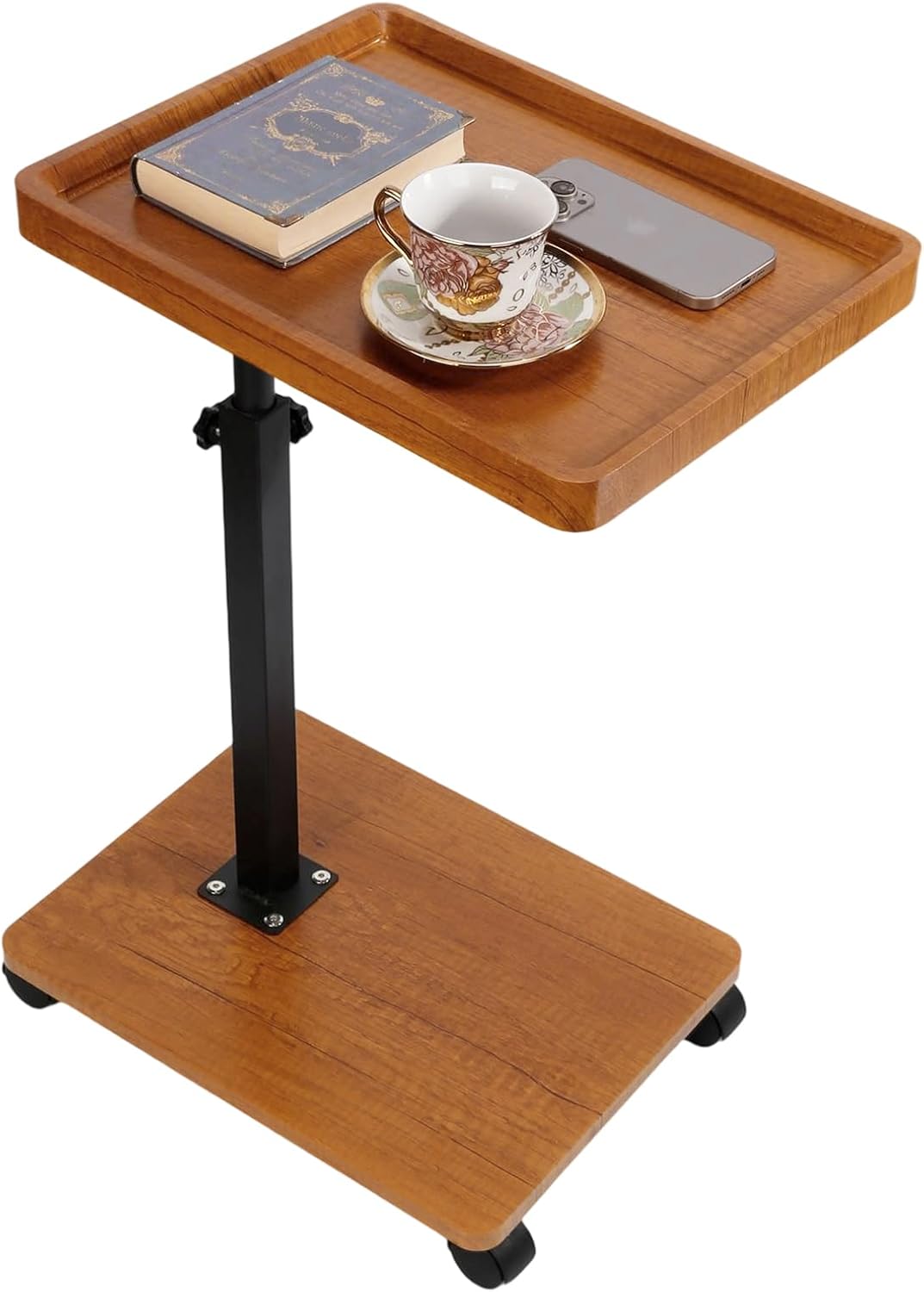 昇降式 高さ調節可能 キャスター付き コの字型サイドテーブル 木目調 ナチュラル 40×30×45～85cm