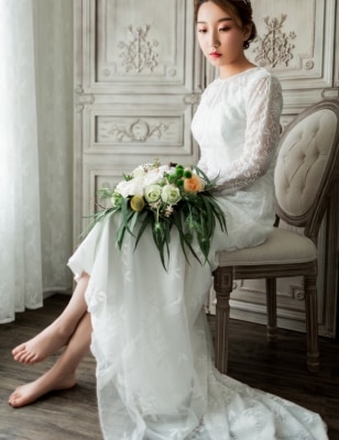 FANWEIMEI#1002 結婚披露宴花嫁ドレス 結婚式パーティードレスウェディングドレス 花嫁 白レース長袖