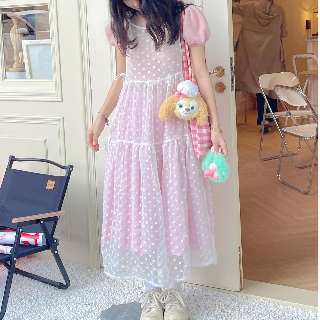サスペンダードレス シースルー ノースリーブ ワンピース キャミワンピ ロングワンピ 透け感 水玉 リボンフリル 大人可愛い ラブリー キュート ガーリー きれいめ レトロ アジアン シンプル