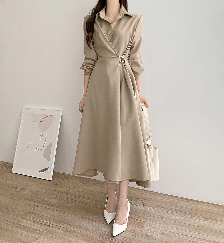 ワンピース 膝下丈 袖あり 長袖 スリットネック 襟あり Aライン ウエスト調節 ハイウエスト フリーサイズ ベージュ カーキ ブラック 個性的 お洒落 主役級 無地 春 秋 冬 デート レディース