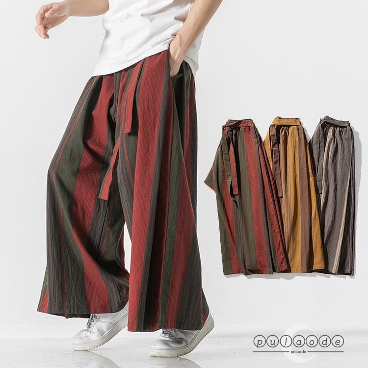 バギーパンツ メンズ エスニック タイパンツ ボトムス フレア裾 ルーズ ゆったり ストライプ 秋服 秋物