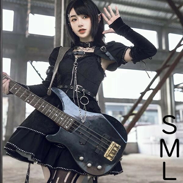 ロリータ ゴシック ゴスロリ ワンピース Aライン Lolita つけ袖 パフスリーブ レース フリル 半袖 黒 可愛い かわいい アイドル衣装 バンド ショート丈 レディース コスチューム 仮装 ハ