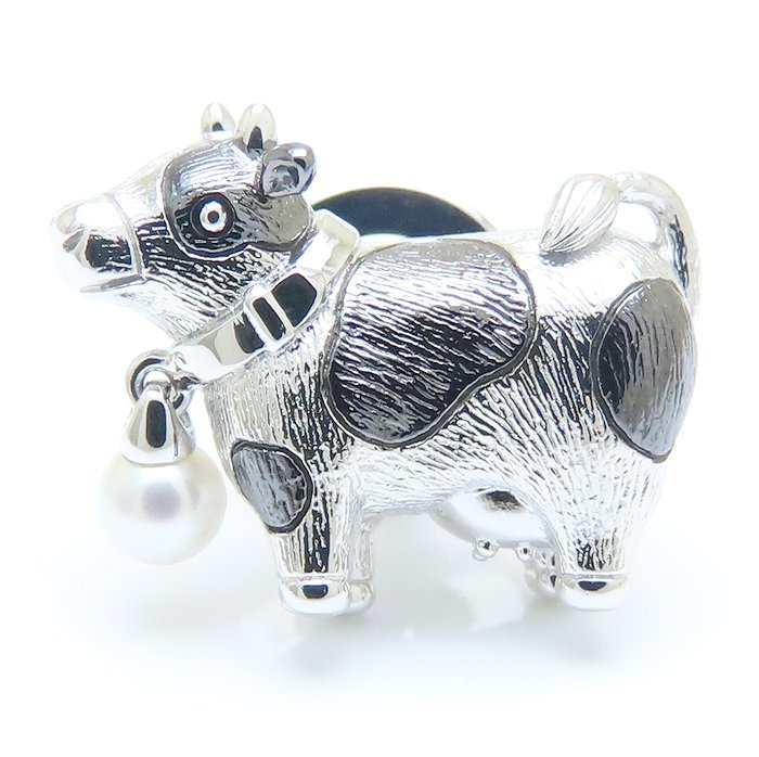 牛モチーフ ピンブローチ シルバー 真珠 ベビーパール レディース /294265【中古】