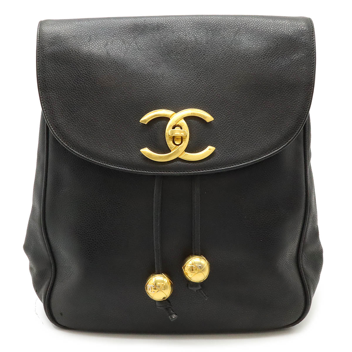 ココボール ココマーク リュックサック バックパック チェーンショルダー 巾着型 キャビアスキン レザー ブラック 黒 ゴールド金