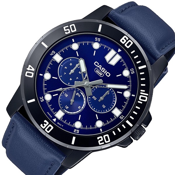 メンズ腕時計 ネイビー文字盤 ネイビーレザーベルト 海外モデル MTP-VD300BL-2E