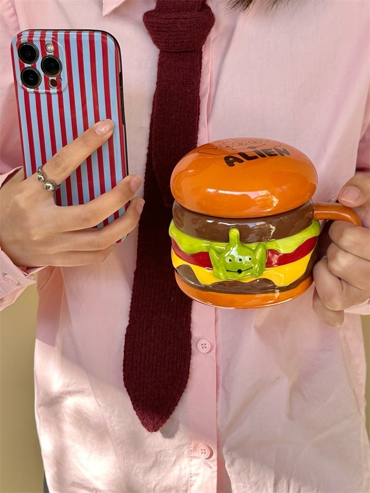 K31cins スタイルアメリカンレトロ楽しいバーガー面白い 3d 大容量マグカップセラミックカップ蓋付きウォーターカップ耐性