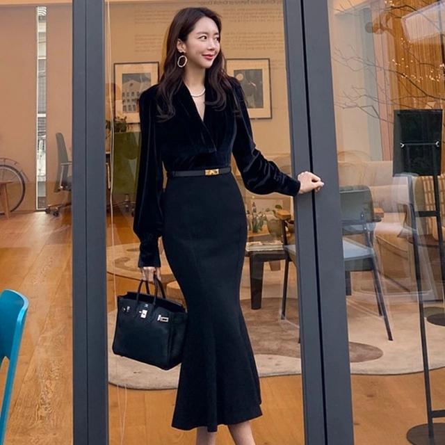 【即納】ブラック マーメイドワンピース ベローズ ベルベット ドッキング パーティードレス 二次会 フォーマル ワンピース 通勤 OL ロングワンピース