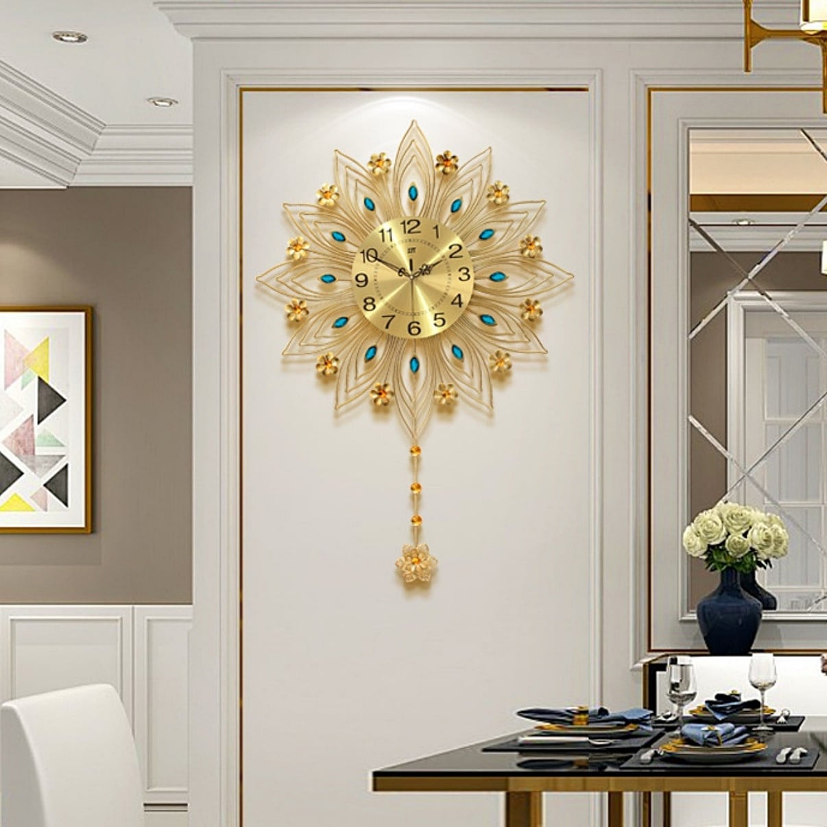 華やか フラワー 掛け時計 静か 見やすい文字盤 アナログ時計 クロック 電池式 クリエイティブ アート 二層 振り子ゴールド ブラック 金 黒