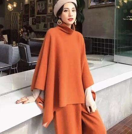 セットアップ セーター ニットワイドパンツ ケープ 長袖 2点セット タートルネック デザイン 美ライン ニュアンス 伸縮性 ストレッチ ポンチョ型 ツーピース お得 2点セット カラバリ