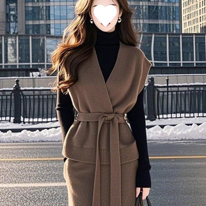 韓国ドラマ風の「塩風」衣装：秋冬にぴったりのウエストにフィットしたスカートセーターベストが付いたスタイリッシュでエレガントなレディース 3 ピース スーツ