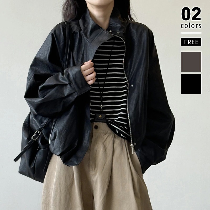 フェイクレザージャケット スタンドカラー ジャケット アウター レディース オーバーサイズ ライダース フェイクレザー 大きいサイズ 長袖 レザージャケット 羽織 ボリューム袖 裏地 暖かい