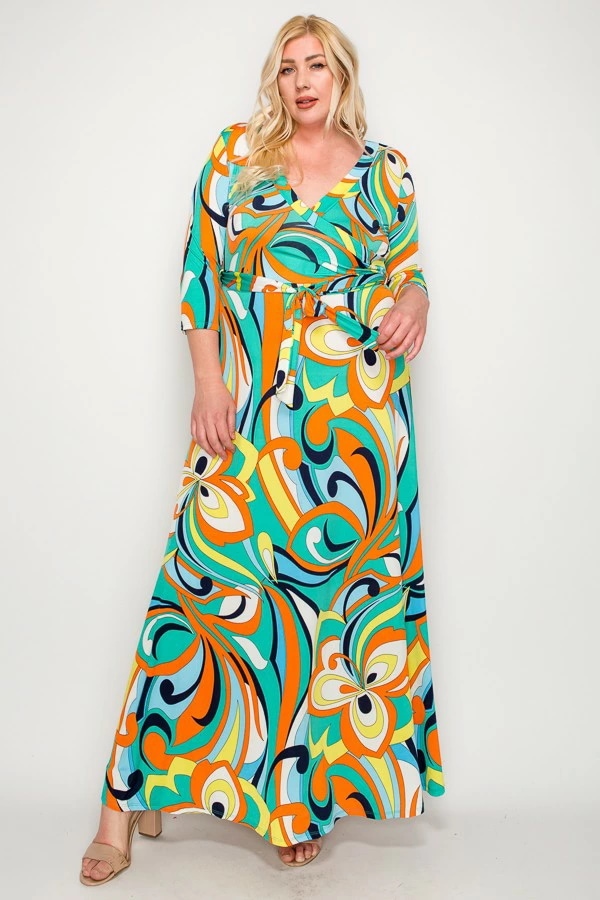 ジャネットファッション(JANETTE FASHION) ワンピース 1X 2X 3Xサイズ カシュクール 5分袖 ロング丈 ジャージー 総柄 レディース 大人 きれいめ　大きいサイズ【送料無料】