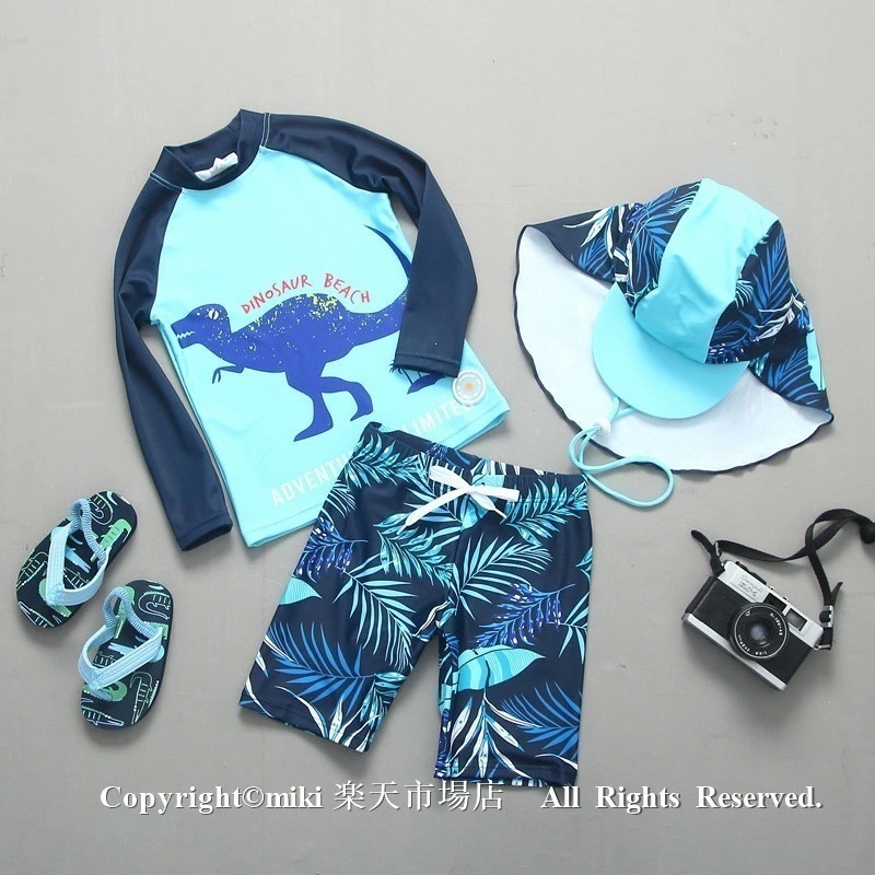 【新品プロモ-ション】子供水着 【激安!価!】 恐竜 キャップ付き セパレート水着 キッズ こども 子供用 3点セット UVカット 帽子付け フィットネス ベビー水着 キッズ 男子 男子 ボーイズ み