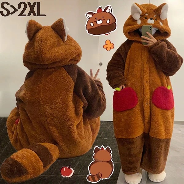 ルームウェア もこもこ パジャマ 冬 長袖 ナイトガウン 着る毛布 レッサーパンダ 大きいサイズ 前開き フード付き 寝巻き 部屋着 暖かい あったか 着ぐるみ モコモコ 大人用 ふわふわ 動物 レデ