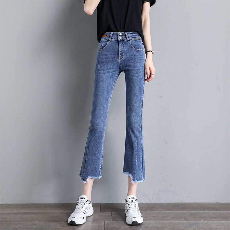 ダメージ ジーンズ ズボン 長 ズボン フレア ズボン ジーパン フレア パンツ ハイ ウエスト 骨格ウェーブ ストレッチ ミモレ 丈 スキニー スリット ストレッチ 美脚 動きやすい 韓国