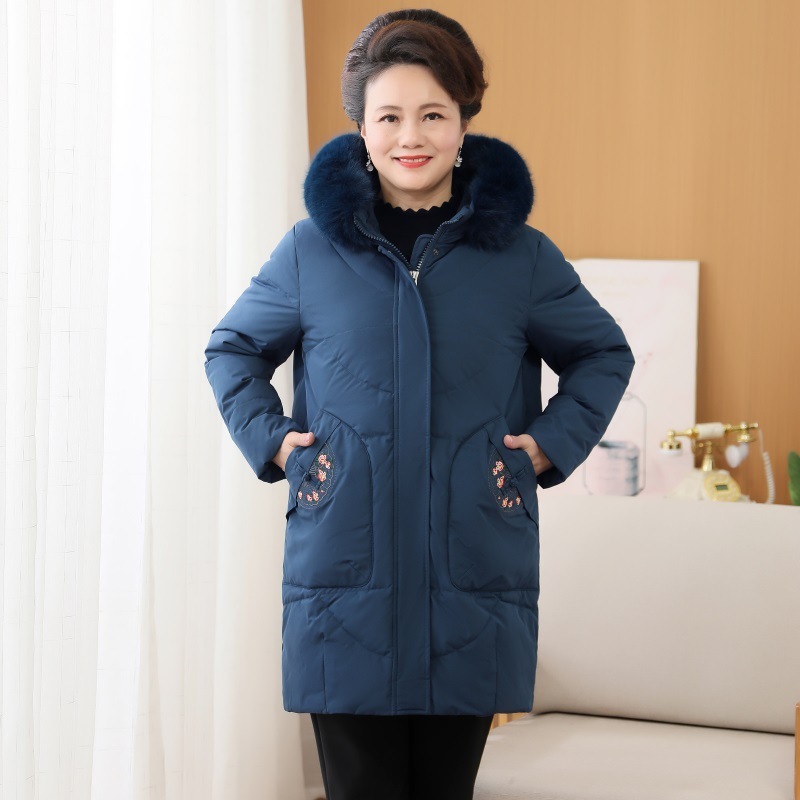 ファットマザーダウンジャケットレディースミドル丈秋冬コート中高年向けプラスサイズ厚手綿入りジャケット